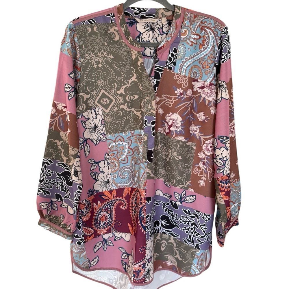 SOFT SURROUNDINGS Boho Patchwork Tunic Top Floral Paisley Mixed Print Large